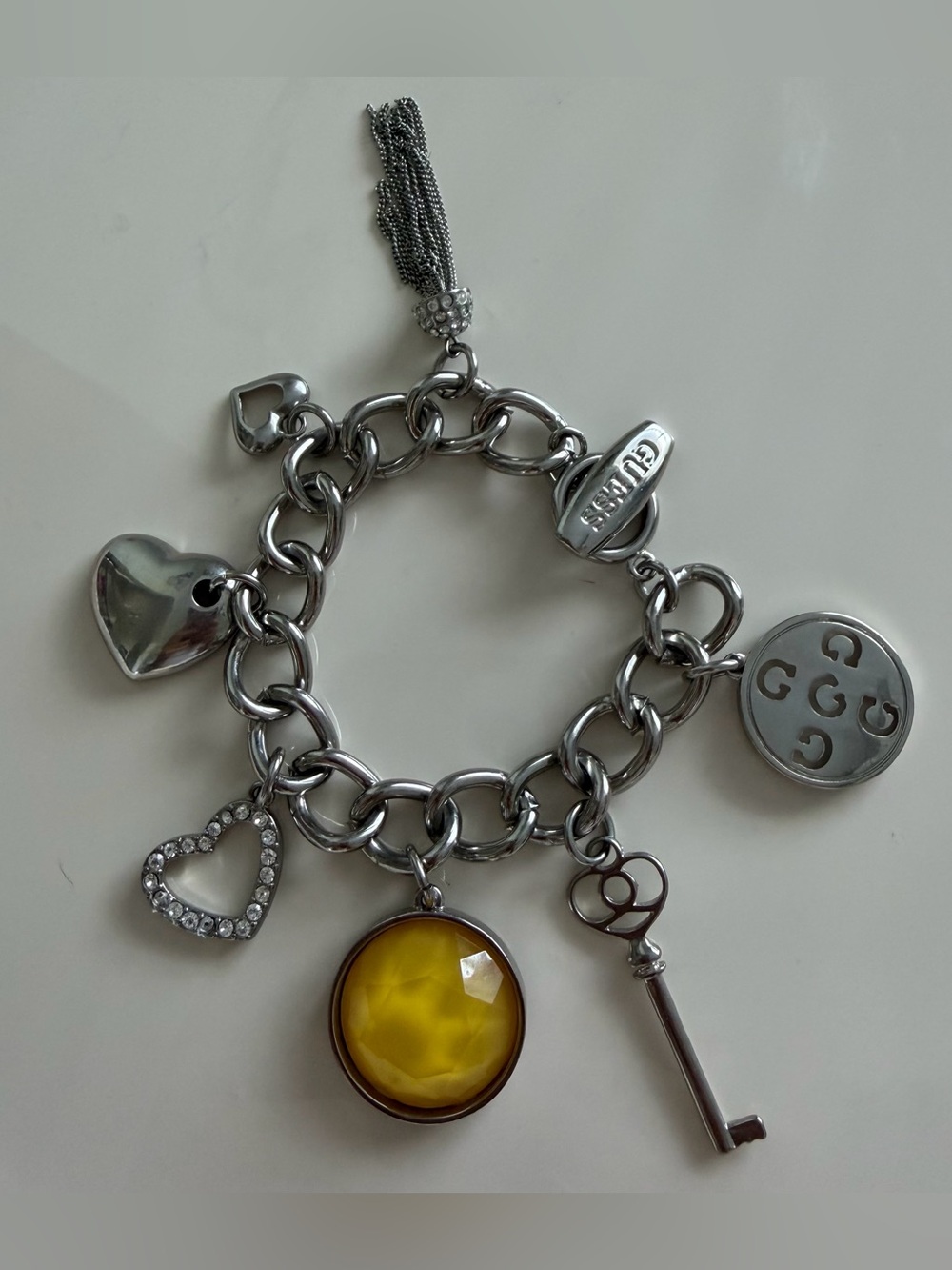 Vintage GUESS Y2K Chunky Silver Charm Bracelet Heart Key Tassel Amber Cabochon
